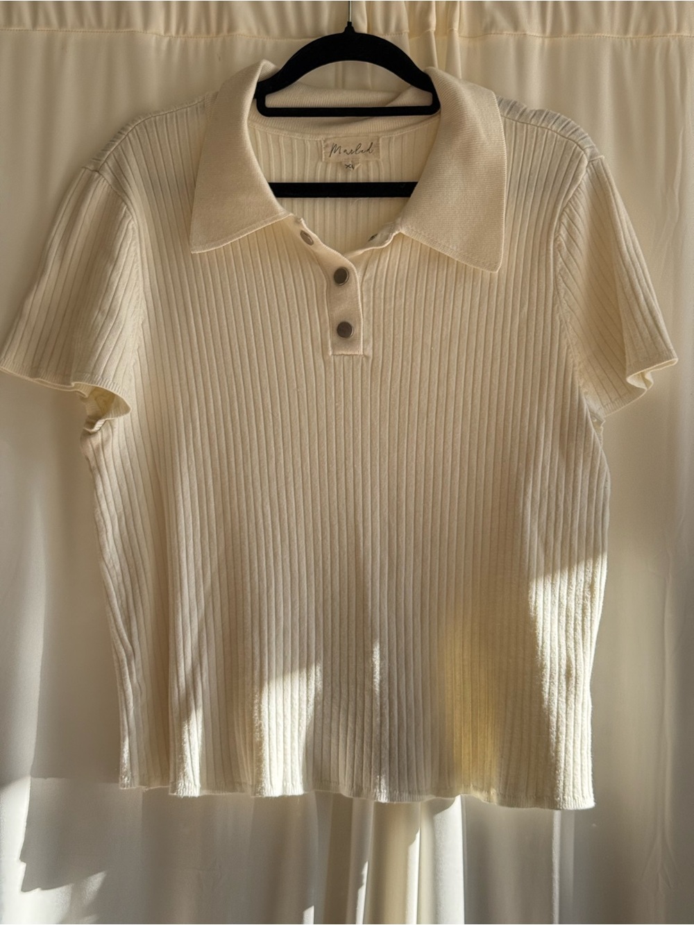 Marled Ribbed Knit Polo Top – White (Size XL)